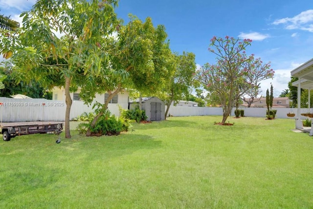 view of yard with a storage shed, a fenced backyard, and an outdoor structure