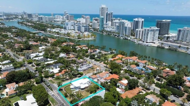 birds eye view of property with a city view and a water view