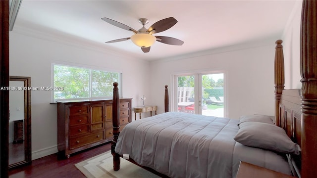 bedroom with baseboards, ceiling fan, dark wood-type flooring, crown molding, and access to outside