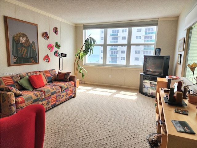 carpeted living room featuring ornamental molding and a textured ceiling