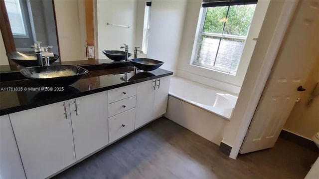 bathroom featuring a garden tub, double vanity, and a sink