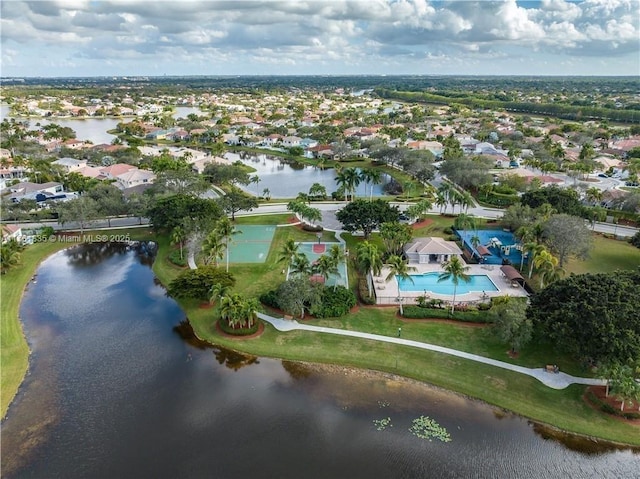 drone / aerial view featuring a water view