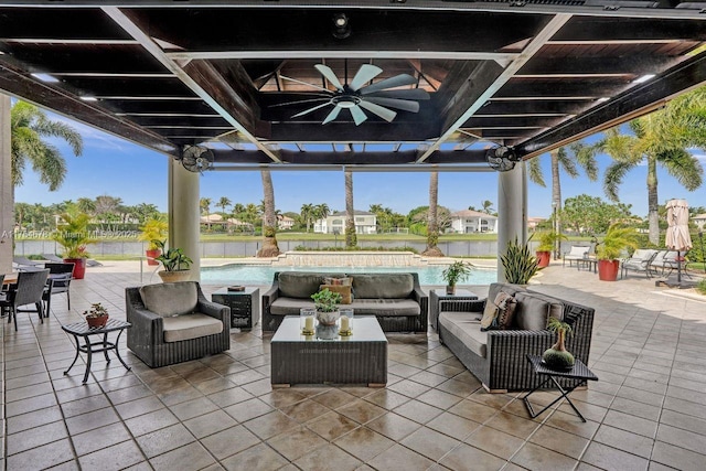 view of patio with a ceiling fan and an outdoor hangout area