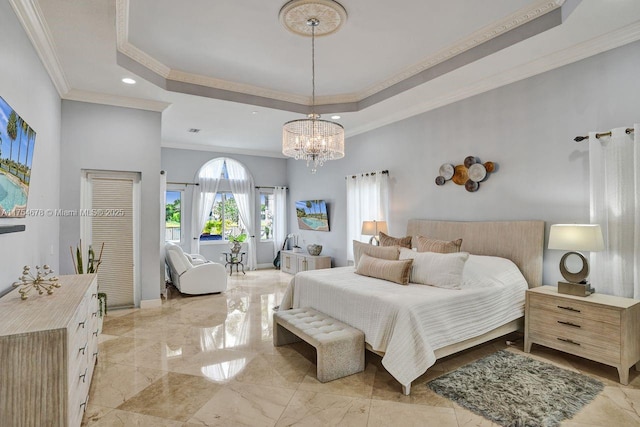 bedroom featuring crown molding, a chandelier, a towering ceiling, marble finish floor, and a raised ceiling