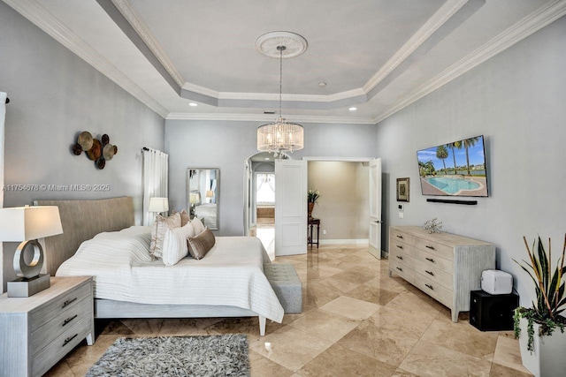 bedroom with a raised ceiling, an inviting chandelier, and ornamental molding