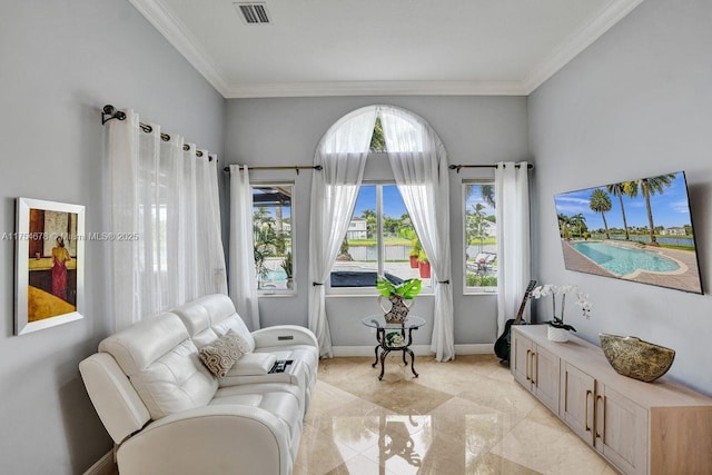 living area with visible vents, baseboards, and ornamental molding