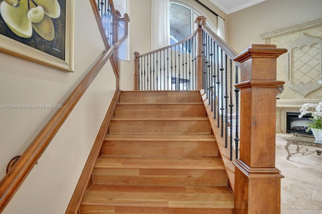 stairs with a fireplace with raised hearth and crown molding