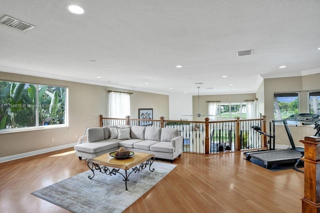 living room with visible vents, ornamental molding, baseboards, and wood finished floors