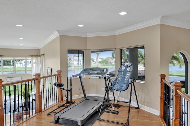 workout area with a wealth of natural light, ornamental molding, baseboards, and wood finished floors