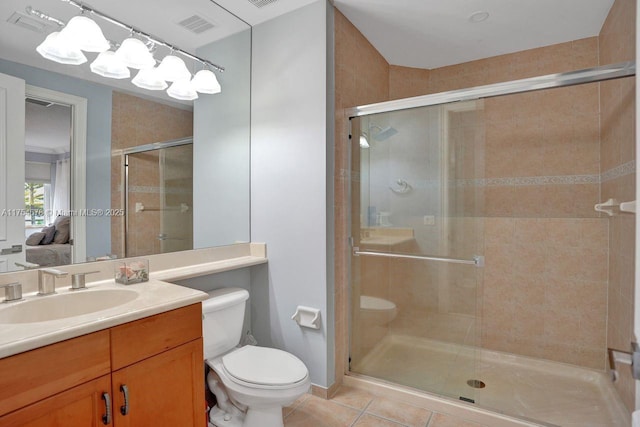 bathroom with tile patterned flooring, visible vents, ensuite bathroom, and a stall shower