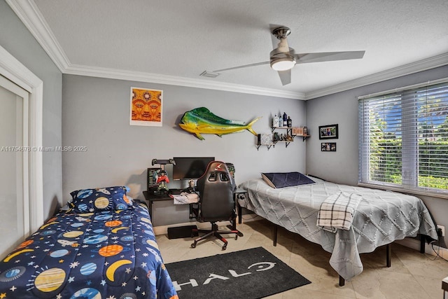 bedroom featuring visible vents, a ceiling fan, a textured ceiling, crown molding, and baseboards