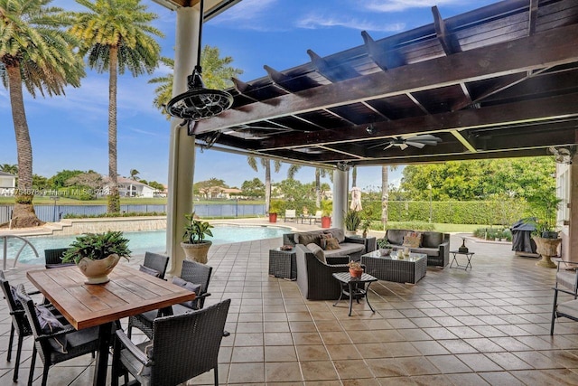 view of patio featuring outdoor dining space, a ceiling fan, a pergola, an outdoor living space, and an outdoor pool