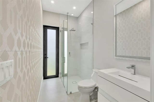 full bathroom with vanity, a shower stall, toilet, and recessed lighting