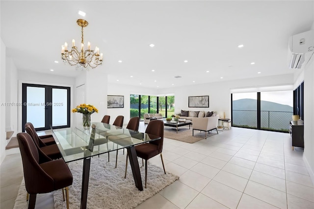 dining room with recessed lighting, a wall mounted AC, light tile patterned floors, and a notable chandelier