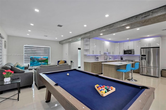 rec room featuring light tile patterned floors, visible vents, and billiards