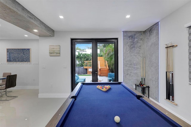 recreation room with recessed lighting, billiards, and baseboards