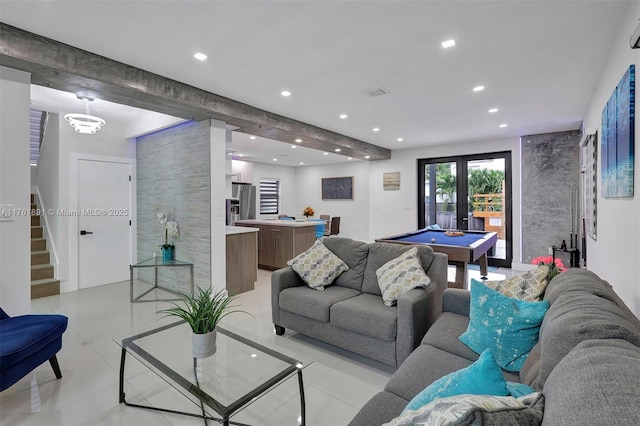 living room featuring visible vents, pool table, stairs, light tile patterned floors, and recessed lighting