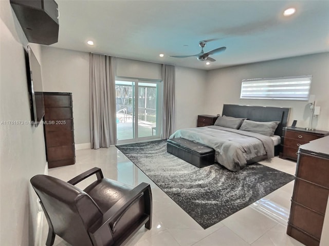 bedroom with a ceiling fan, light tile patterned floors, and recessed lighting