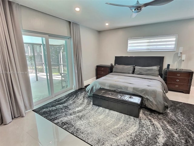 bedroom featuring light tile patterned floors, baseboards, recessed lighting, ceiling fan, and access to outside