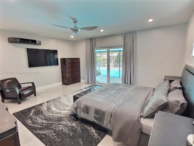 bedroom with access to outside, recessed lighting, baseboards, and ceiling fan