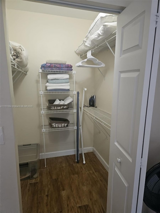 walk in closet with wood finished floors