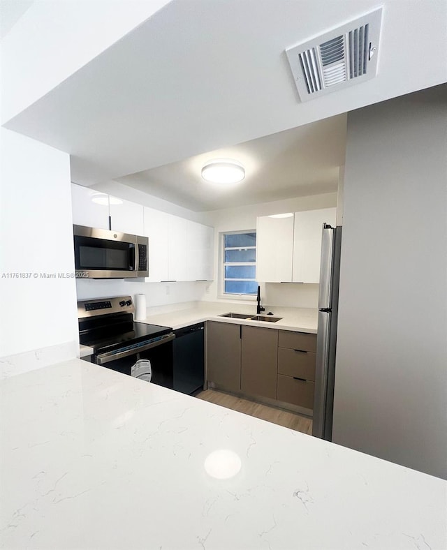 kitchen featuring a sink, white cabinets, visible vents, and stainless steel appliances