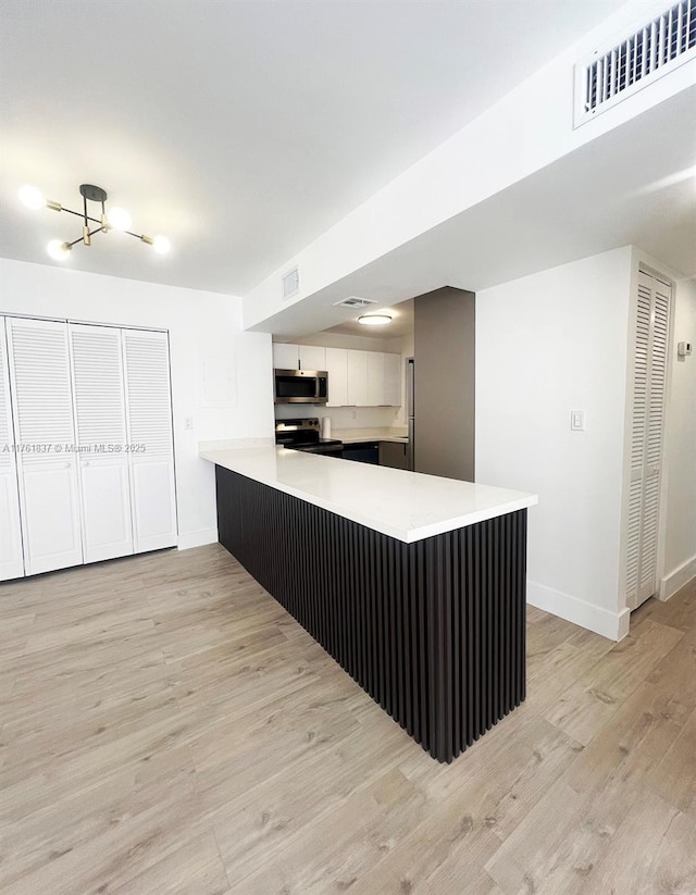 kitchen featuring visible vents, light wood-style flooring, appliances with stainless steel finishes, a peninsula, and light countertops