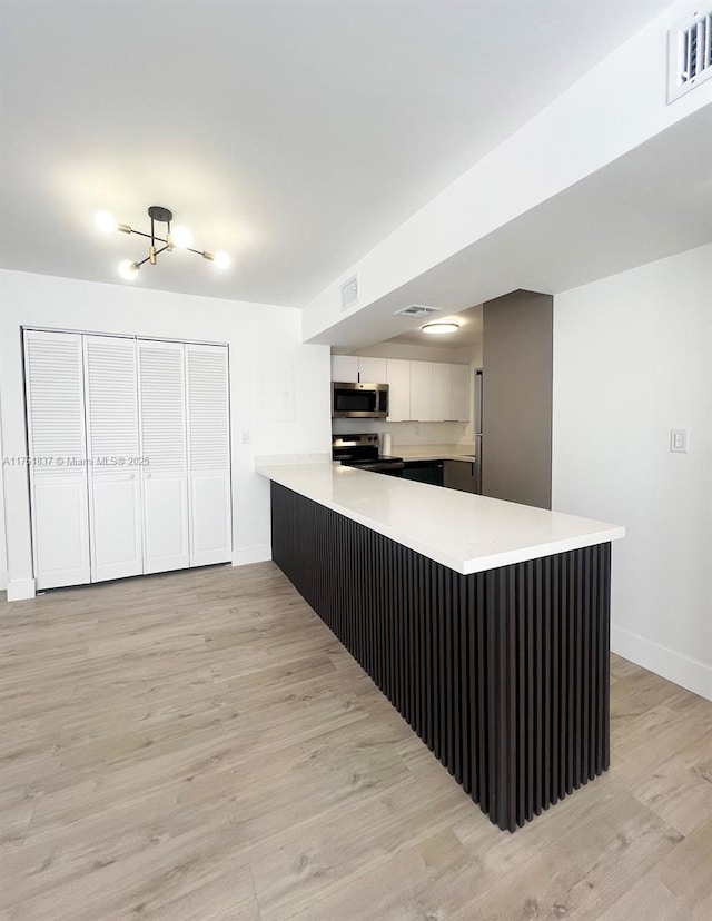 kitchen featuring visible vents, white cabinetry, stainless steel appliances, a peninsula, and light countertops