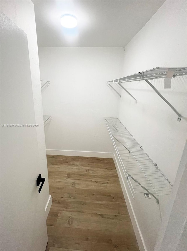 walk in closet with wood finished floors