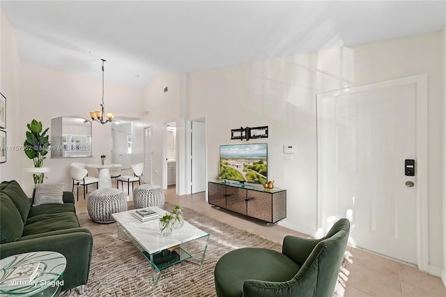 living room with high vaulted ceiling, light tile patterned flooring, arched walkways, and a chandelier