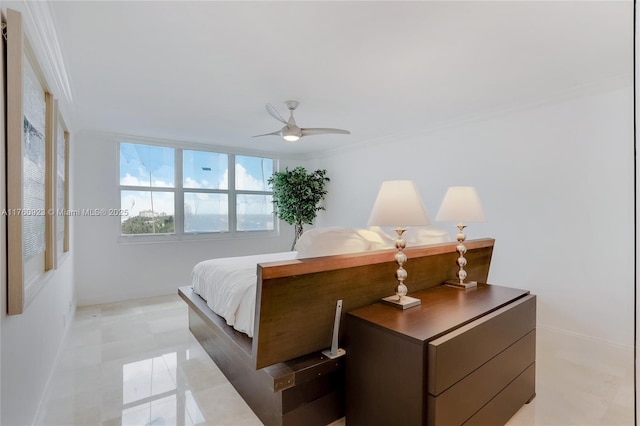 bedroom with ceiling fan, crown molding, and baseboards