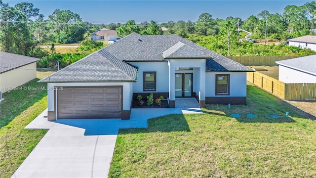 ranch-style home featuring stucco siding, fence, concrete driveway, a front yard, and a garage