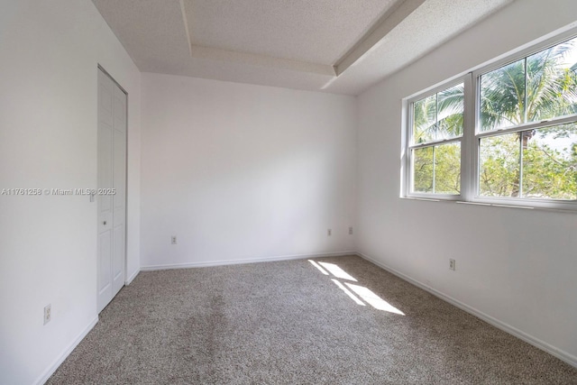 carpeted spare room featuring a raised ceiling, baseboards, and a textured ceiling