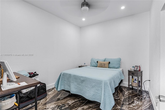 bedroom featuring recessed lighting, baseboards, marble finish floor, and a ceiling fan