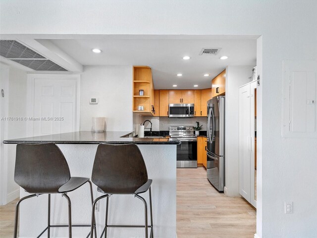 10350 W Bay Harbor Dr Unit 4H, Bay Harbor Islands, FL 33154 - kitchen with light wood-style floors, electric panel, stainless steel appliances, a peninsula, and visible vents