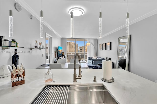 kitchen featuring a sink, light stone countertops, open floor plan, and crown molding