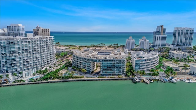 birds eye view of property with a water view and a city view