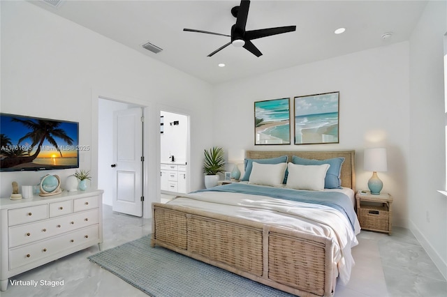 bedroom featuring visible vents, recessed lighting, ensuite bath, and baseboards