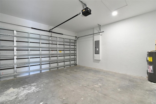 garage featuring electric panel, a garage door opener, and electric water heater