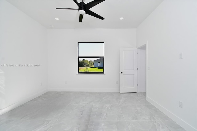 unfurnished room featuring recessed lighting, a ceiling fan, and baseboards