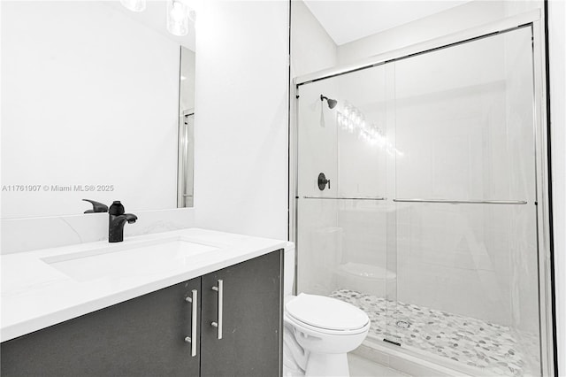 bathroom with a shower stall, toilet, and vanity