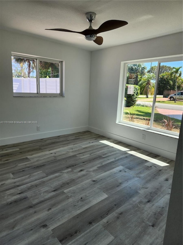 spare room featuring plenty of natural light, wood finished floors, and baseboards