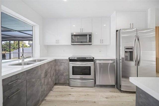 kitchen featuring light countertops, appliances with stainless steel finishes, light wood-style floors, white cabinetry, and a sink