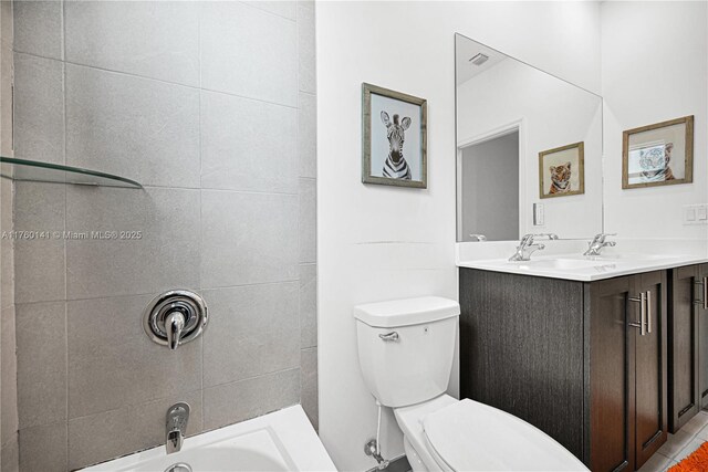 3489 W 110th Ter, Hialeah, FL 33018 - bathroom with vanity, shower / tub combo with curtain, tile patterned floors, and toilet