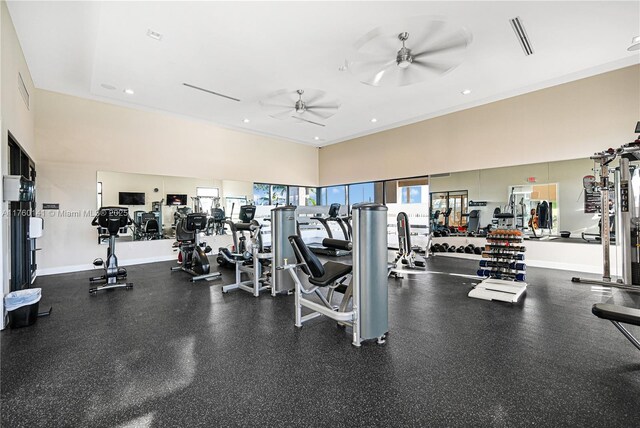 3489 W 110th Ter, Hialeah, FL 33018 - exercise room featuring a high ceiling, recessed lighting, and ceiling fan