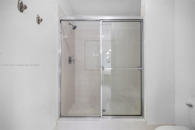 full bathroom featuring a stall shower and toilet