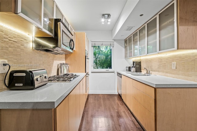 kitchen with wood finished floors, visible vents, a sink, decorative backsplash, and stainless steel appliances