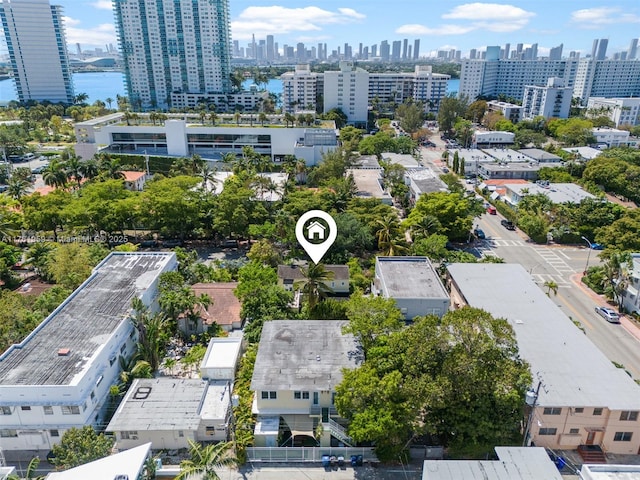 birds eye view of property featuring a city view and a water view