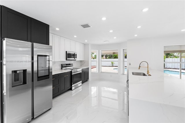 kitchen featuring a sink, plenty of natural light, marble finish floor, and stainless steel appliances