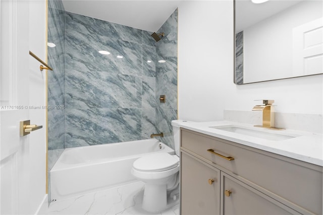 full bath with vanity,  shower combination, toilet, and marble finish floor